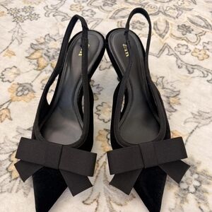 Zara Black Velvet Bow Pointed Toe Slingback Heels